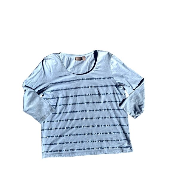 Chicos Light Blue Green Sequin Striped Long Sleeve Top Blouse Size 3 - Picture 11 of 12